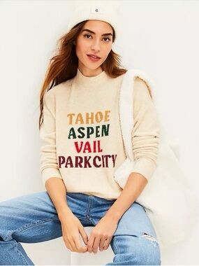 Lou & Grey LOFT Cream Graphic Ski City Town Sweater Tahoe Aspen Vail Park City